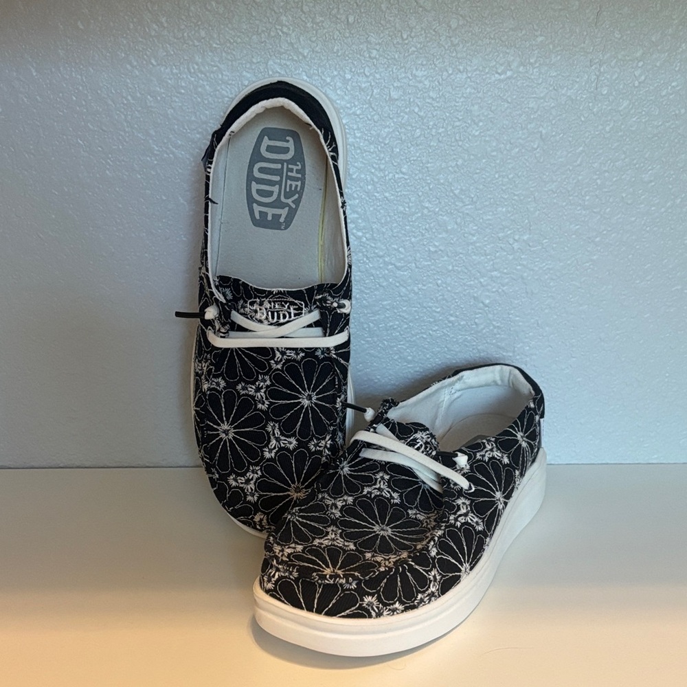 Hey Dude Black and White Floral Sneakers